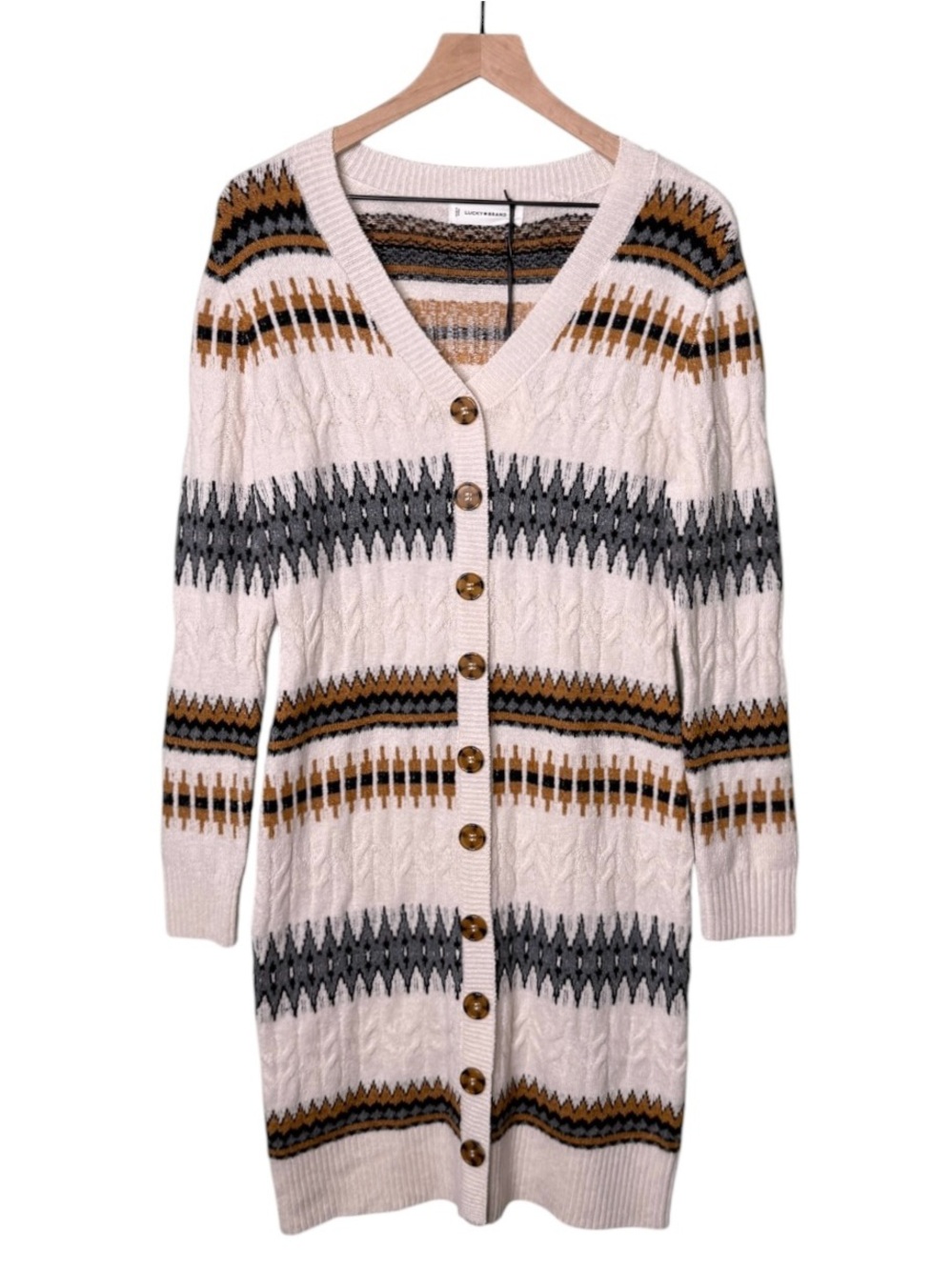 NWT Lucky Brand Fair Isle Nordic Stripe Button Front Sweater Dress Cream Large